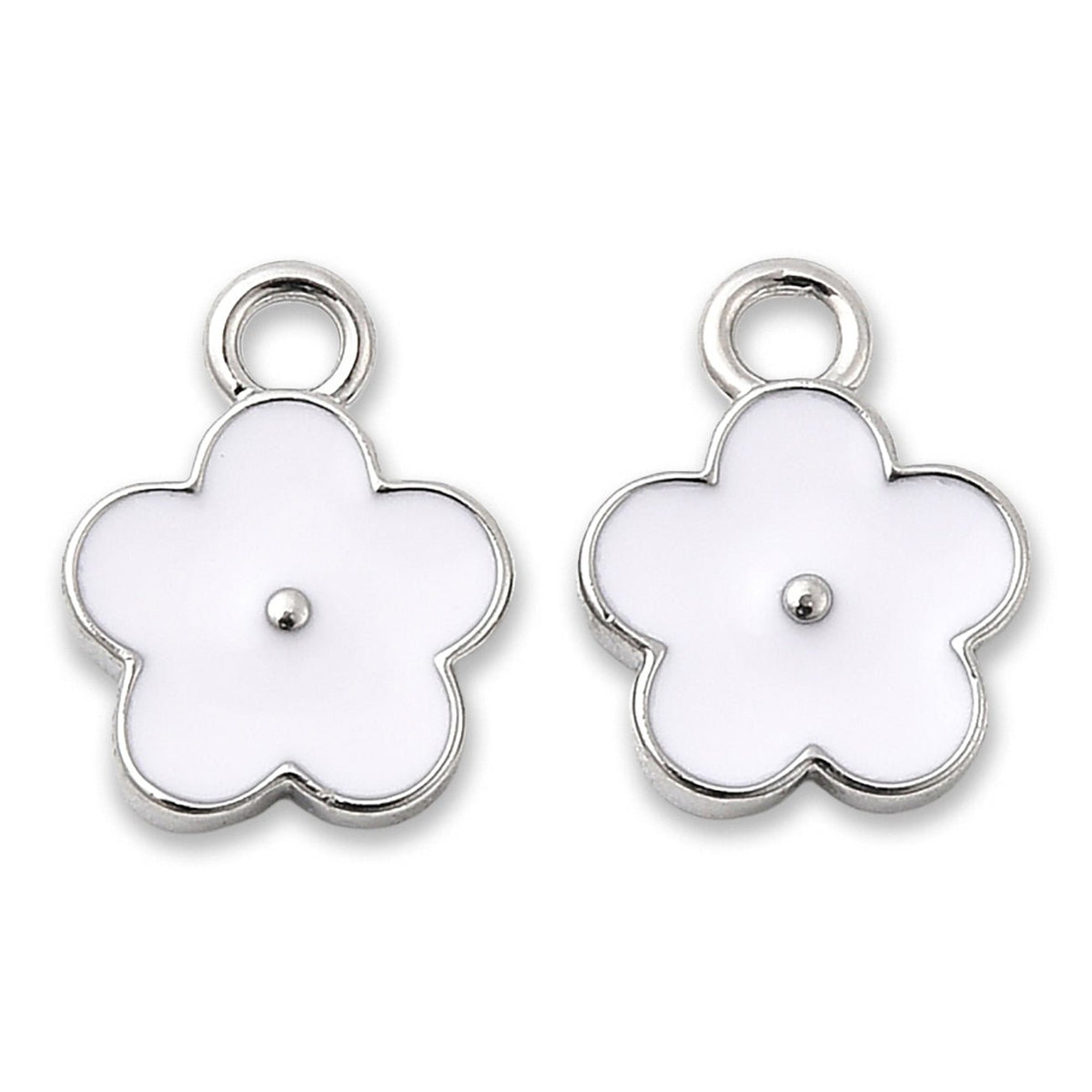 Blüten Charm Anhänger • platiniert • Emaille weiss • 9 x 11.5 mm - PerlineBeads SA