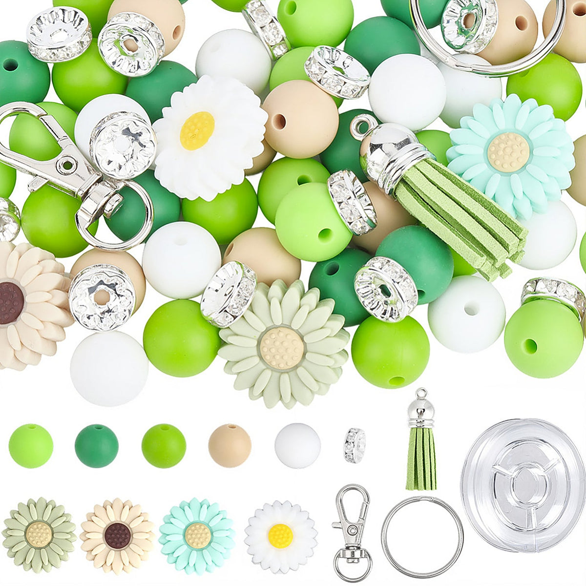 Schlüsselanhänger DIY-Set – Gänseblümchen, Grün, 89-teilig + Faden - PerlineBeads SA