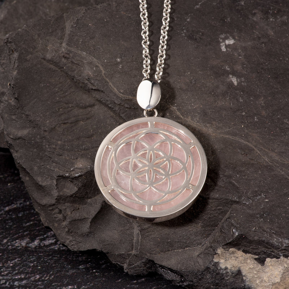 Anhänger Samen des Lebens, Silber und Rosenquarz - PerlineBeads