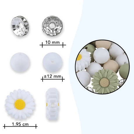 Blütenzauber Perlenset – Gänseblümchen, Salbeigrün-Edition, 79-teilig - PerlineBeads SA