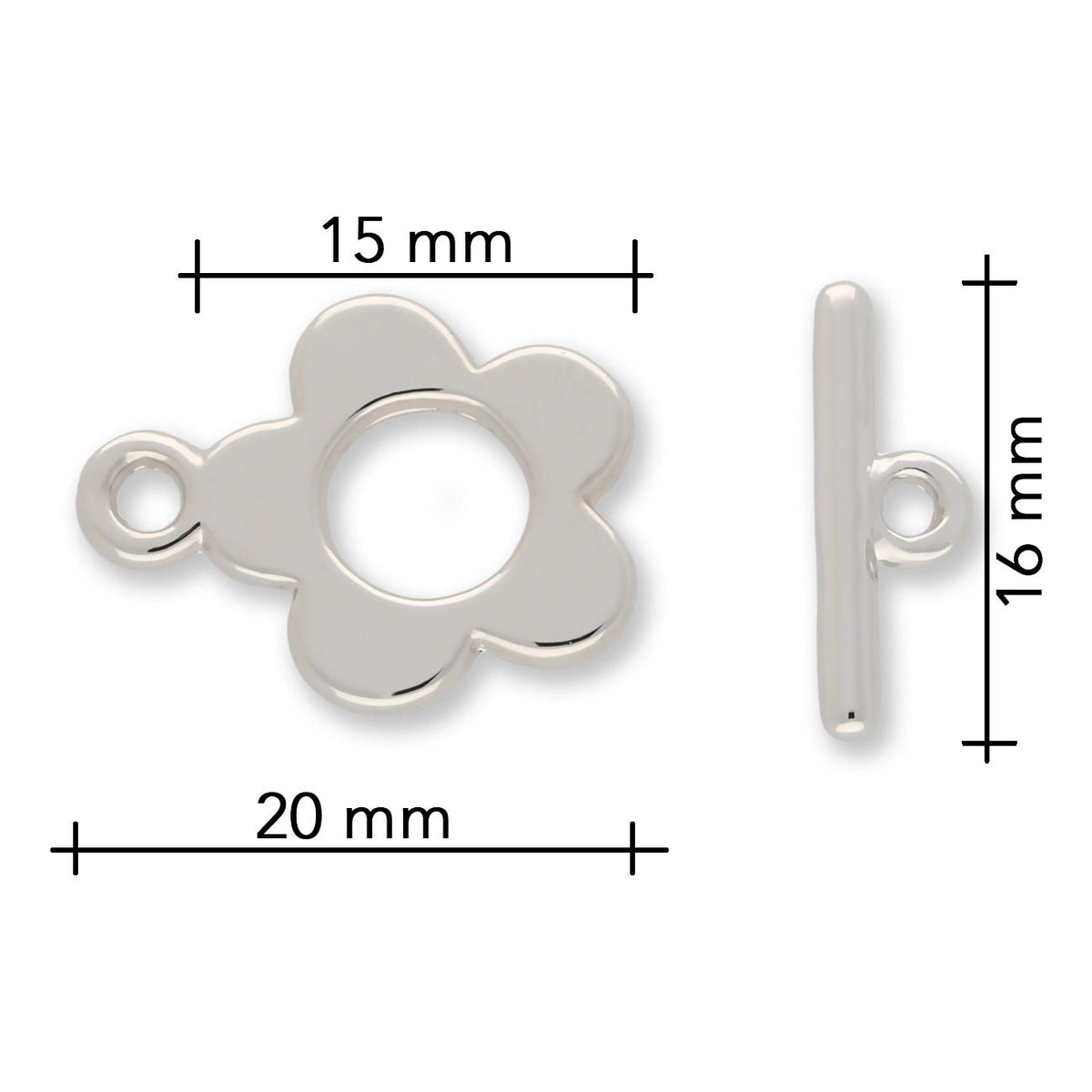 Claspgarten Knebelverschluss "Blume" | 15x20mm | 1 - strängig | rhodiniert (Silber) - PerlineBeads SA