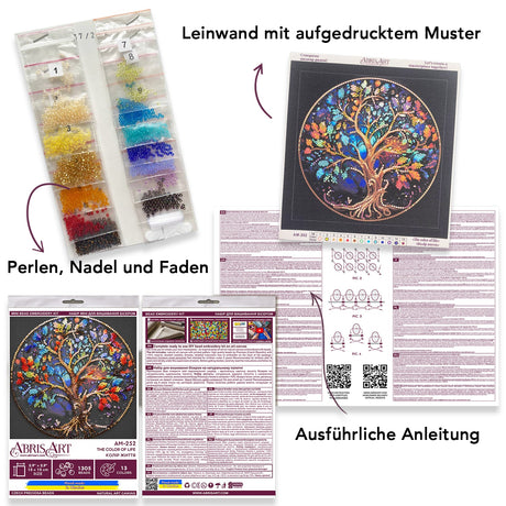 Perlen-Stickbild 15 × 15 cm • Lebensbaum in Regenbogenfarben - PerlineBeads SA