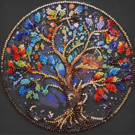 Perlen-Stickbild 15 × 15 cm • Lebensbaum in Regenbogenfarben - PerlineBeads SA