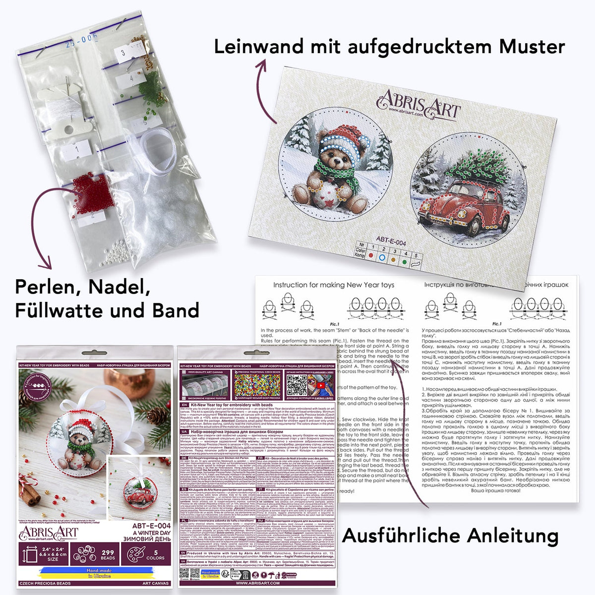 Perlen-Stickset Weihnachtsanhänger • Teddybär & Auto mit Tannenbaum - PerlineBeads SA