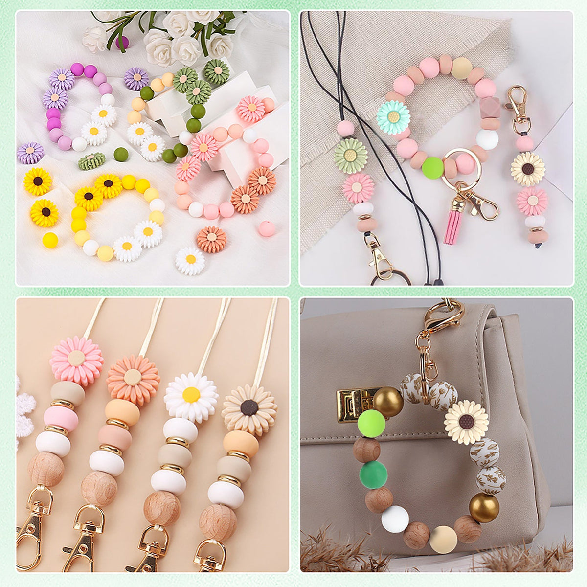 Schlüsselanhänger DIY-Set – Gänseblümchen, Grün, 89-teilig + Faden - PerlineBeads SA