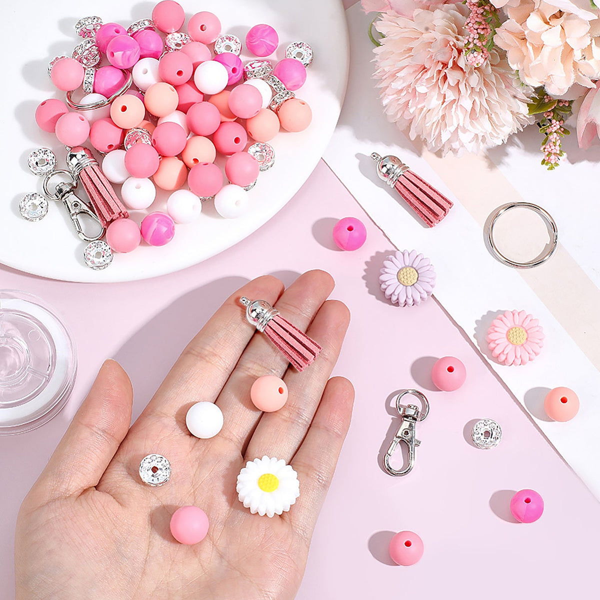 Schlüsselanhänger DIY-Set – Gänseblümchen, Hot Pink, 89-teilig + Faden - PerlineBeads SA