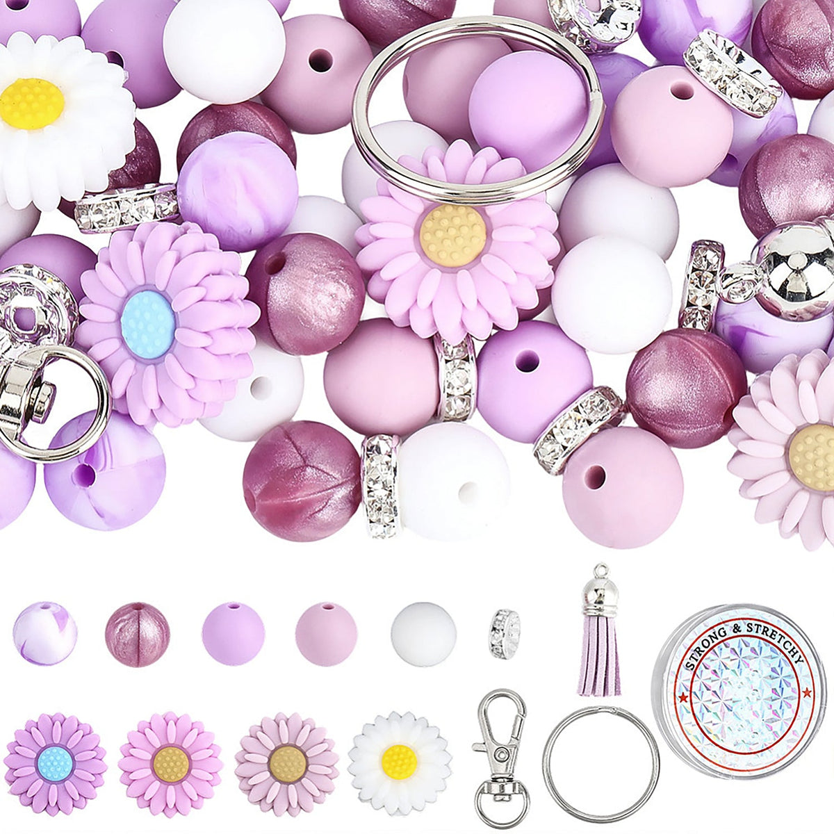 Schlüsselanhänger DIY-Set – Gänseblümchen, Pflaume, 89-teilig + Faden - PerlineBeads SA
