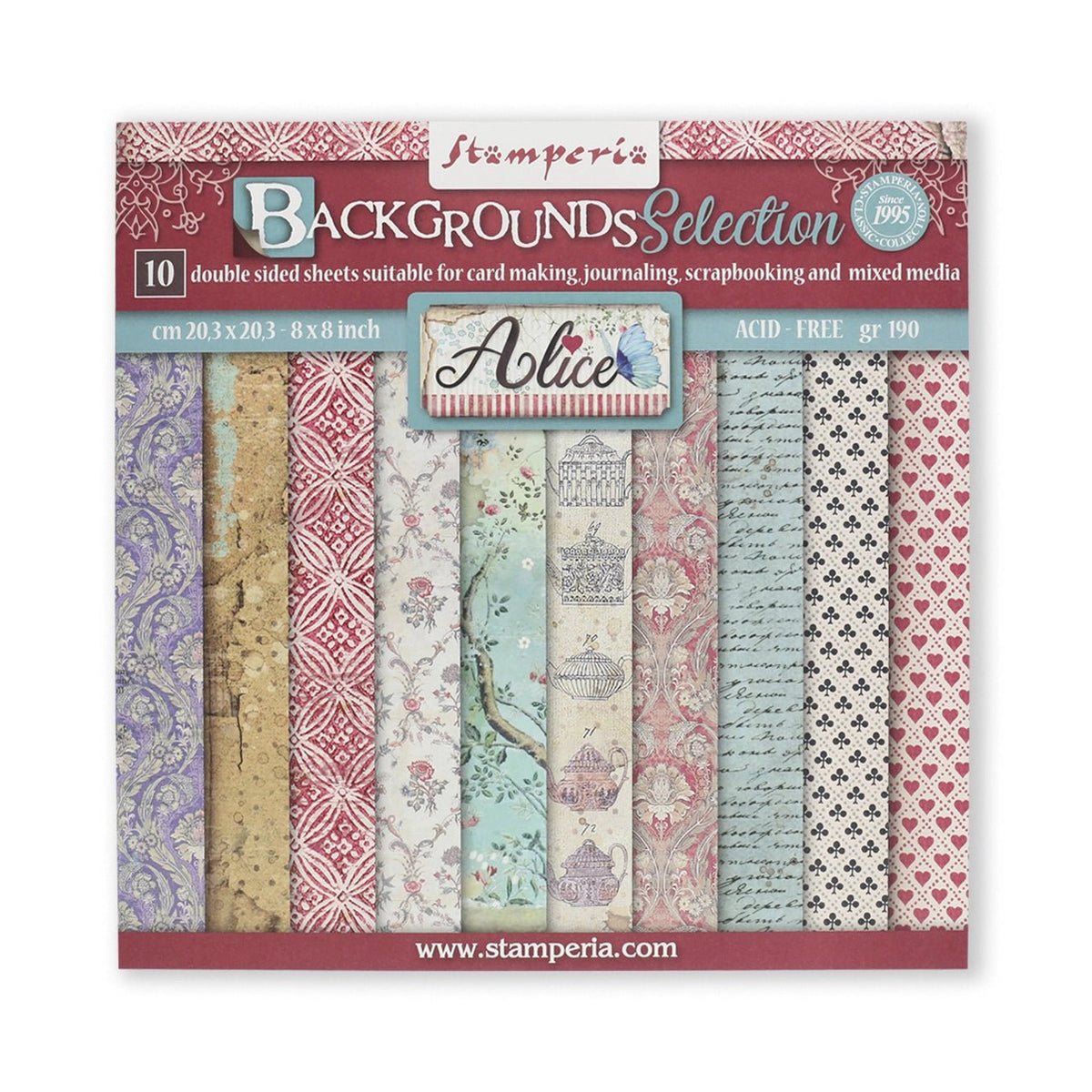 Scrapbook - Block "Alice" Backgrounds - Double Face - 10 Seiten - 20,3 x 20,3 (8x8 inch) - PerlineBeads SA