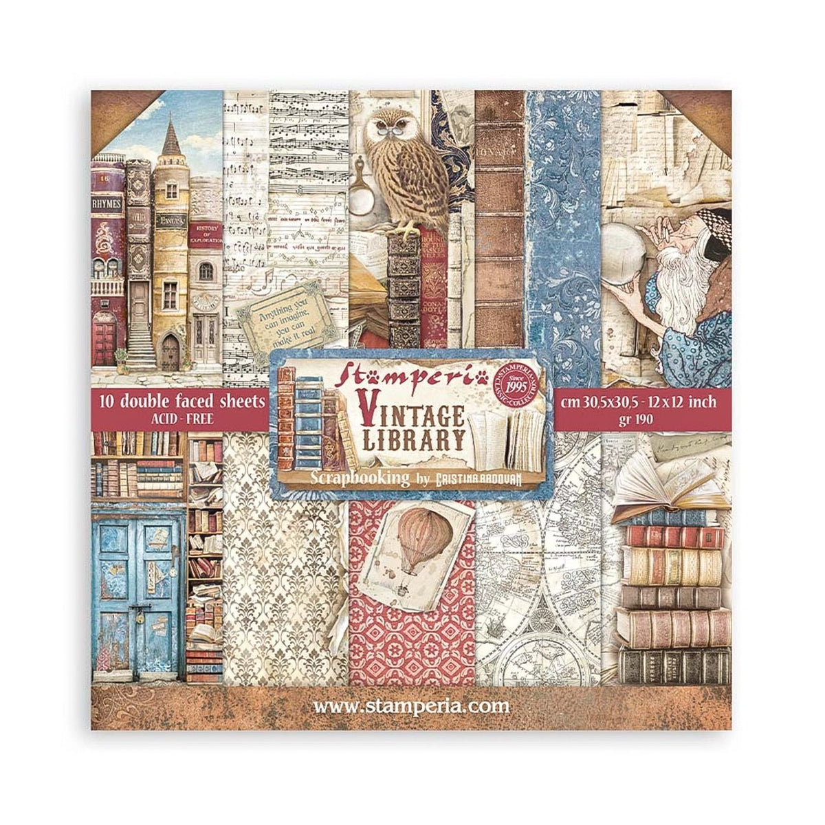 Scrapbook - Block "Vintage Library" - Double Face - 10 Seiten - 30,5 x 30,5 cm (12 x 12 inch) - PerlineBeads SA