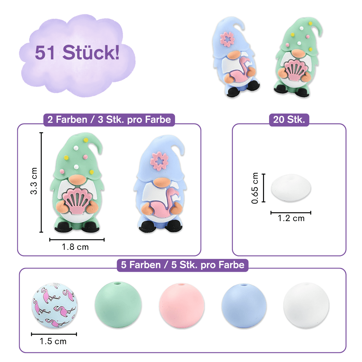 Sommerzwerge Perlenset – Flamingo & Muschel, 51-teilig - PerlineBeads SA