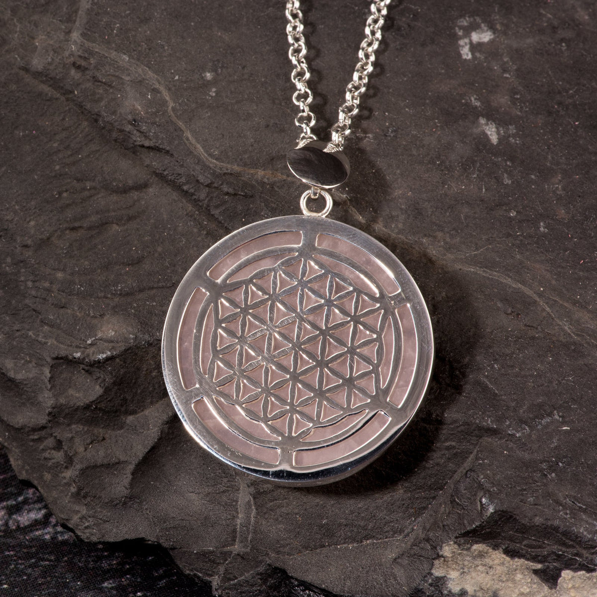 Anhänger Blume des Lebens, Silber und Rosenquarz - PerlineBeads