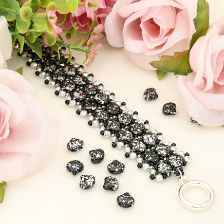 Ginko Leaf Bead - Silver Splash - Jet - PerlineBeads