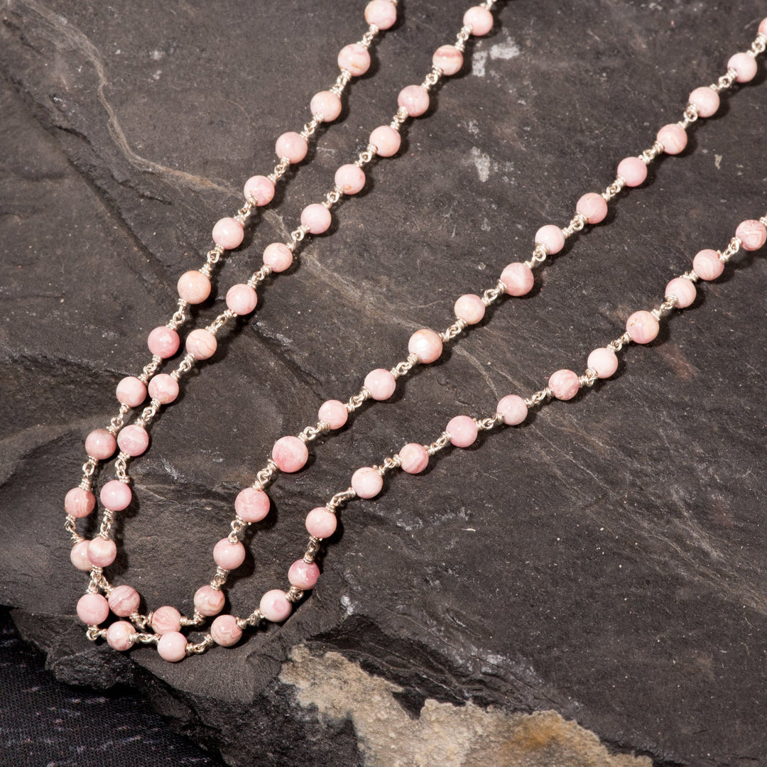 Lange Halskette, Silber mit Rhodochrosite Perlen - PerlineBeads