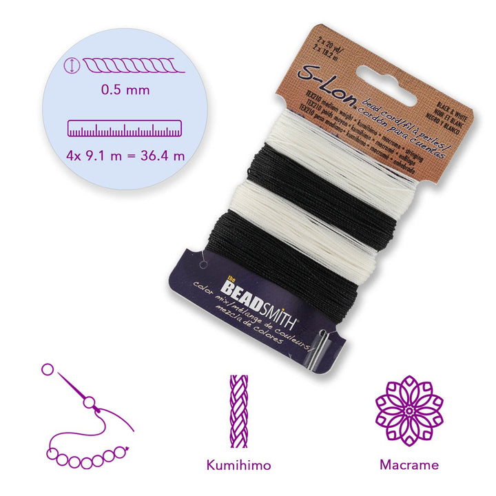 Perlenkordel S-Lon™ TEX210 - Black & White Mix - PerlineBeads