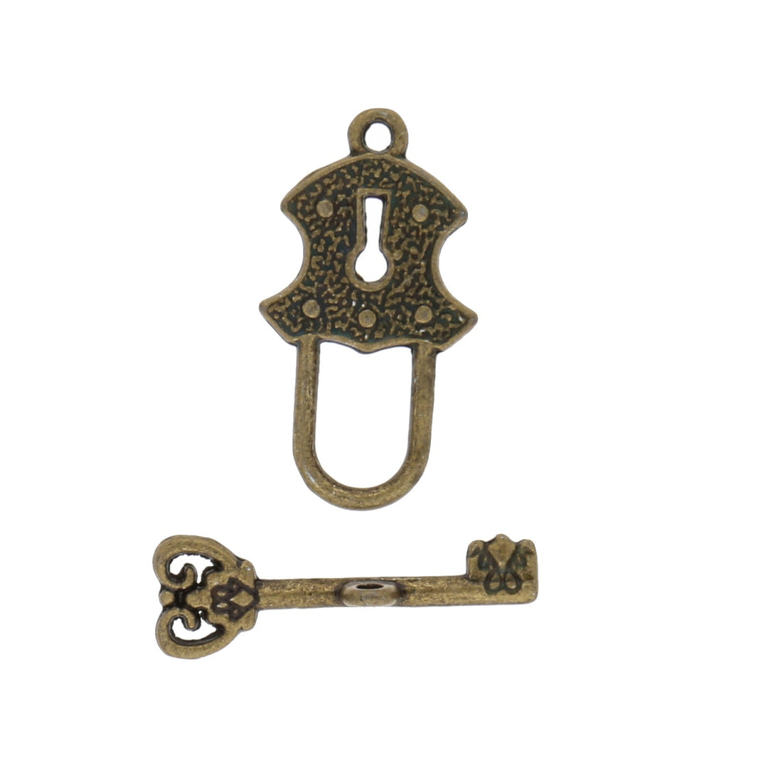 T-Bar-Verschluss mit Vorhängeschloss und Schlüssel - antik Bronze - PerlineBeads